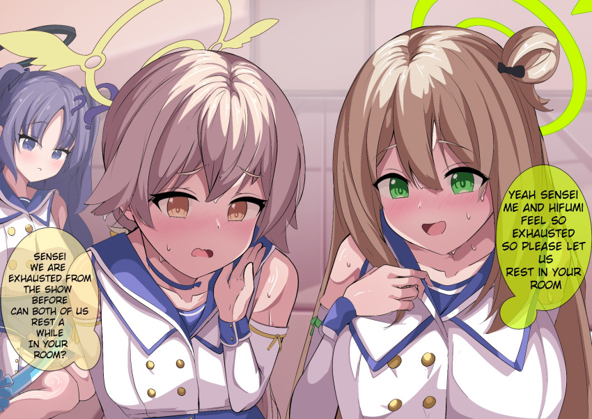 3girls ? blue_archive blue_eyes blush brown_eyes brown_hair caramellate confused english_text green_eyes halo hifumi_(blue_archive) highres idol_clothes long_hair looking_at_viewer mischievous_straight_uniform_(blue_archive) multiple_girls nonomi_(blue_archive) official_alternate_costume purple_hair speech_bubble sweat yuuka_(blue_archive)