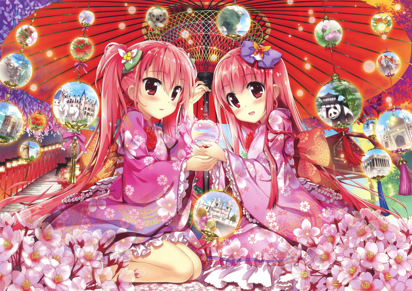 :d absurdres beads blush bow building castle cherry_blossoms collage elephant flower food fujima_takuya hair_bow hair_ornament hamburger highres horse japanese_clothes kimono koala landmark lantern long_hair mount_rushmore multiple_girls open_mouth oriental_umbrella original pagoda panda parthenon pink_hair red_eyes red_flower red_rose rose scan siblings sitting smile stairs statue_of_liberty sword taj_mahal twins twintails umbrella very_long_hair weapon wide_sleeves windmill wooden_lantern