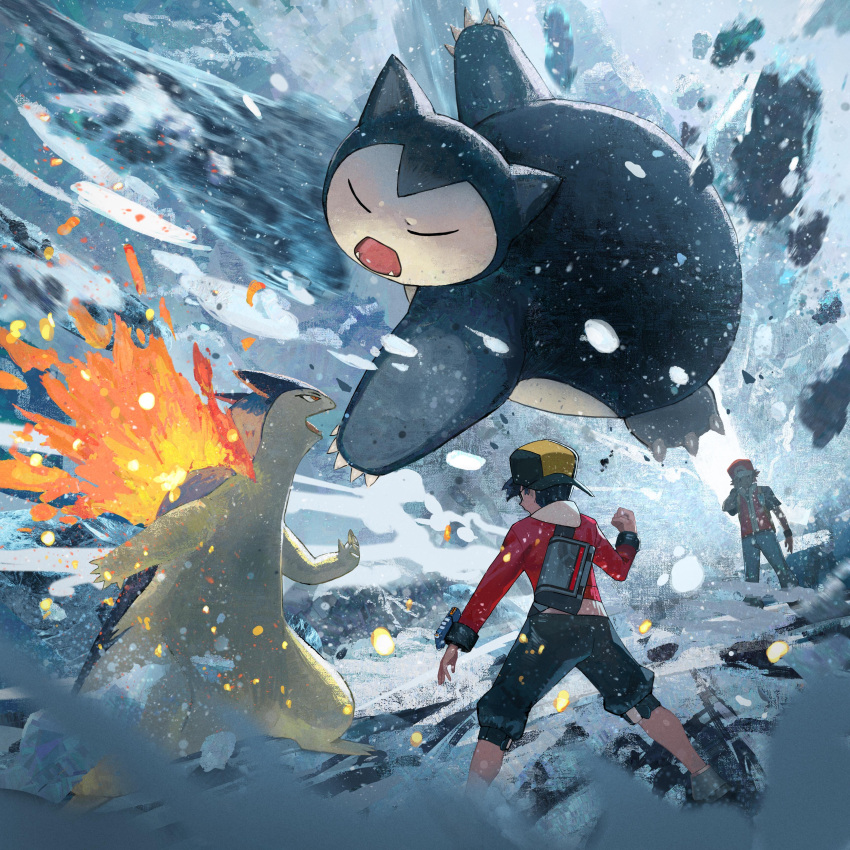 2boys 2others absurdres backwards_hat baseball_cap claws ethan_(pokemon) fangs fighting fire hat highres hood multiple_boys multiple_others official_art open_mouth pokemon pokemon_(creature) pokemon_gsc red_(pokemon) snorlax snow standing typhlosion