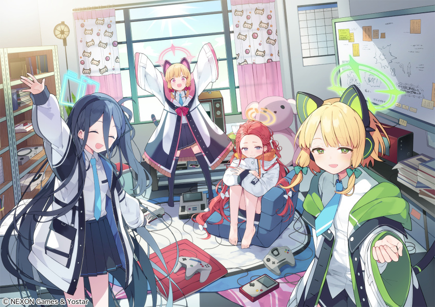 4girls animal_ear_headphones animal_ears aris_(blue_archive) arm_up arms_up barefoot black_hair black_skirt blonde_hair blue_archive blue_halo blue_necktie bow cat_ear_headphones cat_ears closed_eyes closed_mouth collared_shirt commentary_request controller copyright_notice dress_shirt fake_animal_ears game_console game_controller game_development_department_(blue_archive) gamepad green_eyes green_halo grey_eyes hair_between_eyes hair_bow halo headphones highres hiyo_kiki indoors jacket long_hair low-tied_sidelocks midori_(blue_archive) miniskirt momoi_(blue_archive) multiple_girls multiple_hair_bows necktie official_art one_side_up open_mouth orange_halo pink_eyes pink_halo pleated_skirt reaching reaching_towards_viewer red_hair shirt short_hair short_necktie sitting skirt standing toes very_long_hair white_bow white_jacket white_shirt yuzu_(blue_archive) zettai_ryouiki