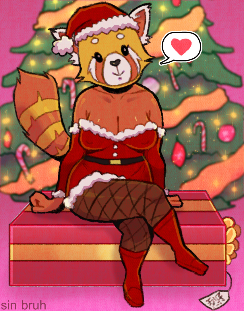 2018 aggressive_retsuko ailurid anthro big_breasts breasts christmas christmas_tree cleavage clothed clothing digital_media_(artwork) female fur gift hat holidays legwear looking_at_viewer mammal nipple_bulge red_panda retsuko sanrio santa_hat sin_bruh sitting skimpy smile solo thick_thighs tree watermark wide_hips