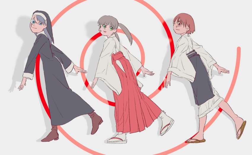 3girls :3 apron blue_eyes blue_hair boots brown_footwear brown_hair closed_mouth cross_scar cyclops from_side full_body green_eyes grey_hair habit hakama hakama_skirt ichigou_(ikigusare) ikigusare japanese_clothes kimono long_hair long_sleeves looking_at_viewer looking_to_the_side multiple_faces multiple_girls nanjou_(y-jiku) nigou_(ikigusare) no_socks nun one-eyed pink_eyes red_hakama sandals sangou_(ikigusare) scar scar_across_eye shadow short_hair simple_background skirt smile socks spiral_background traditional_nun twintails waist_apron walking white_background white_kimono white_socks wide_sleeves