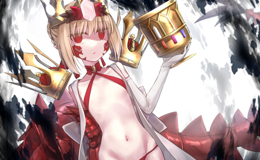 1girl absurdres ahoge bikini blonde_hair braid breasts chalice criss-cross_halter crown cup dragon_claw dragon_tail elbow_gloves facial_mark fate/grand_order fate_(series) french_braid gloves hair_bun hair_intakes hair_ribbon halterneck highres jitome long_hair looking_at_viewer navel nero_claudius_(fate) open_clothes pointy_ears queen_draco_(fate) queen_draco_(second_ascension)_(fate) red_bikini red_eyes red_ribbon ribbon robe single_glove small_breasts solo swimsuit tail white_gloves white_robe yubeshi_(zecxl)