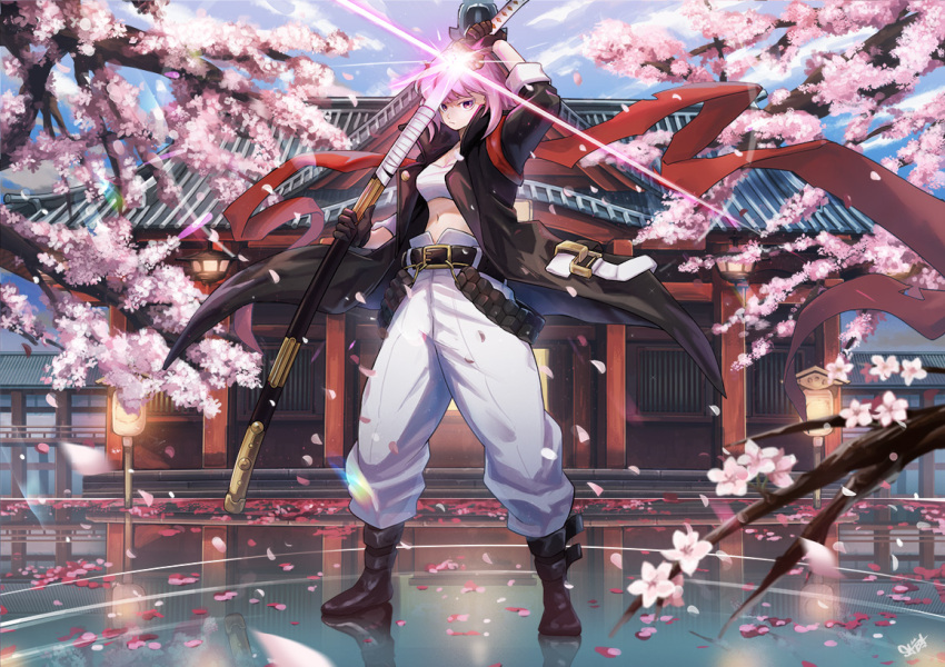 1girl alchemy_stars arm_up bandages bandeau belt black_belt black_coat black_footwear blue_sky boots breasts cherry_blossoms chest_sarashi cleavage coat commentary_request day full_body hiiro_(alchemy_stars) holding holding_sword holding_weapon katana long_sleeves medium_breasts midriff navel open_clothes open_coat outdoors pants peppsi_(saba_sabasuk0) petals pink_hair sarashi scabbard sheath short_hair sky solo standing stomach strapless sword tube_top unsheathing weapon white_pants