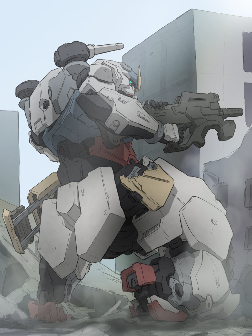 absurdres aqua_eyes building from_behind from_below gun gundam highres holding holding_gun holding_weapon kneeling magazine_(weapon) mecha mecha_kaku_man mobile_suit no_humans original robot rubble science_fiction shoulder_cannon solo v-fin weapon