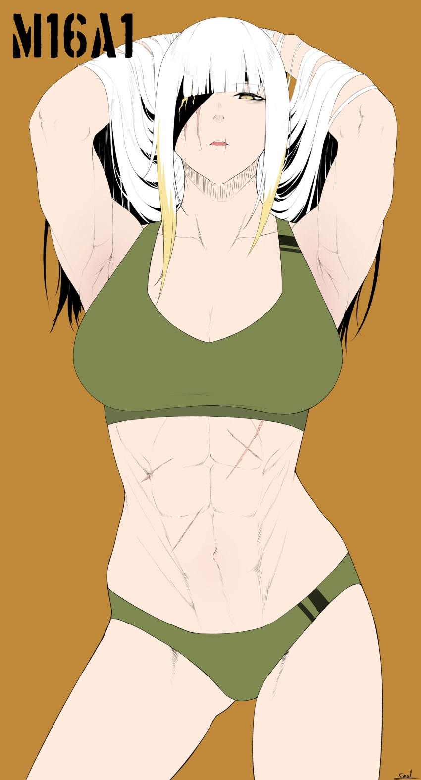 1girl abs absurdres armpits breasts eyepatch girls'_frontline highres large_breasts m16a1_(boss)_(girls'_frontline) m16a1_(girls'_frontline) open_clothes orange_background scar scar_on_stomach smolxeno underwear white_hair yellow_eyes