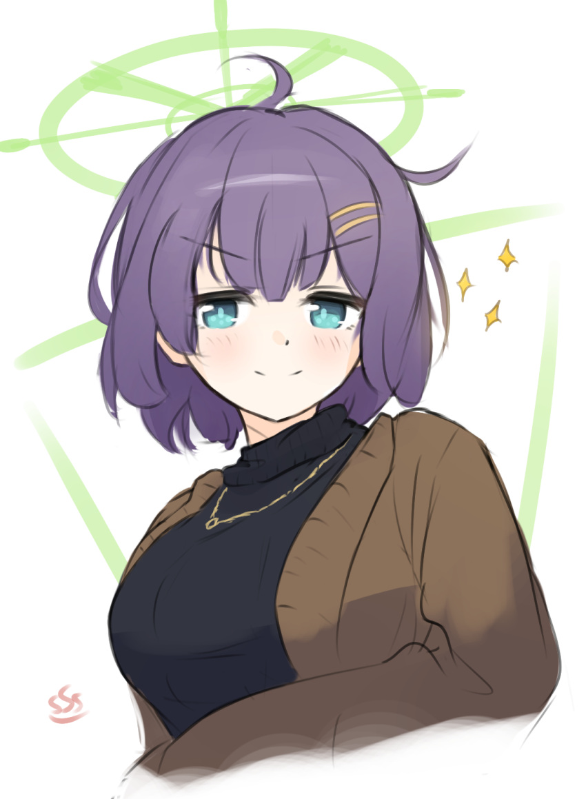 &gt;:) 1girl ahoge black_sweater blue_archive blue_eyes blush breasts brown_jacket closed_mouth cropped_torso english_commentary hair_ornament hairclip halo highres jacket looking_at_viewer medium_breasts open_clothes open_jacket purple_hair saki_(blue_archive) simple_background smile solo sparkle sweater turtleneck turtleneck_sweater uber_(29131626) upper_body v-shaped_eyebrows white_background