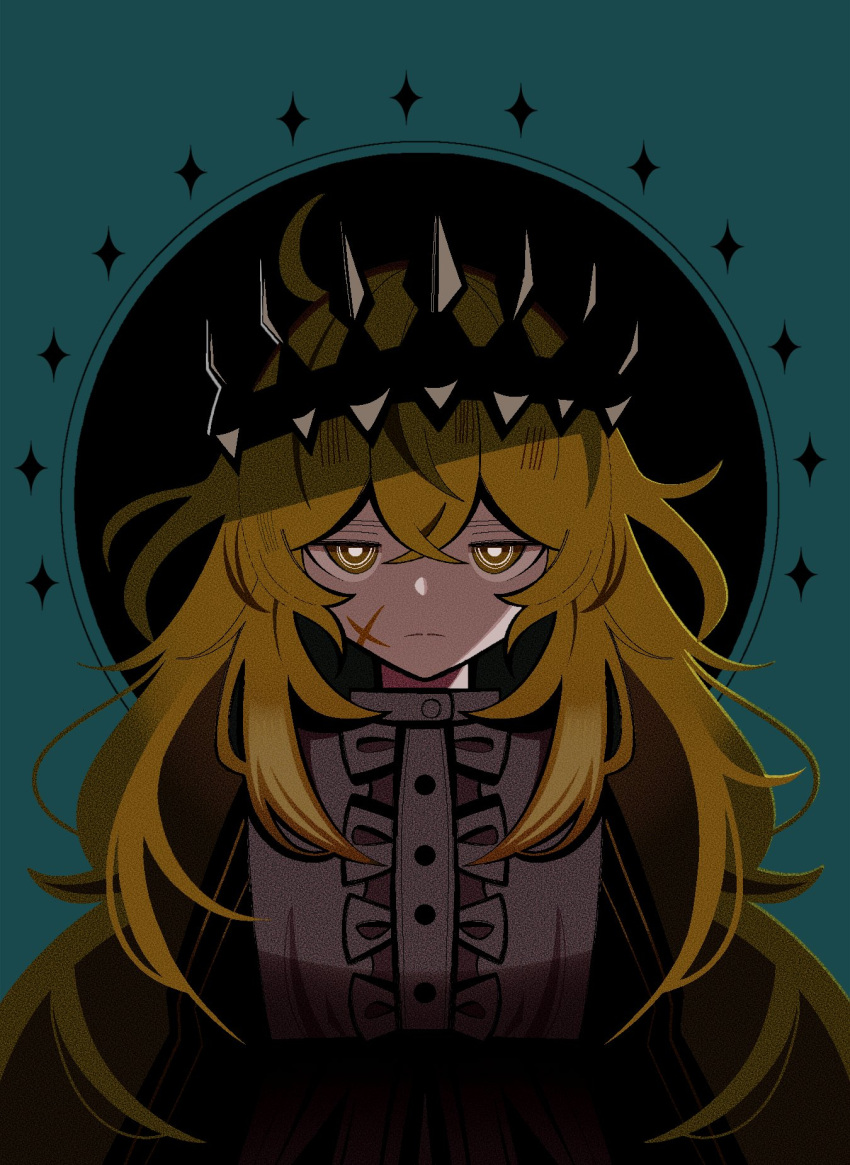 1girl 961_kku black_rock_shooter black_sleeves blonde_hair center_frills chariot_(black_rock_shooter) crossed_bangs crown dress frills hair_between_eyes hair_over_shoulder highres long_hair ringed_eyes scar scar_on_cheek scar_on_face sidelocks solo white_dress yellow_eyes