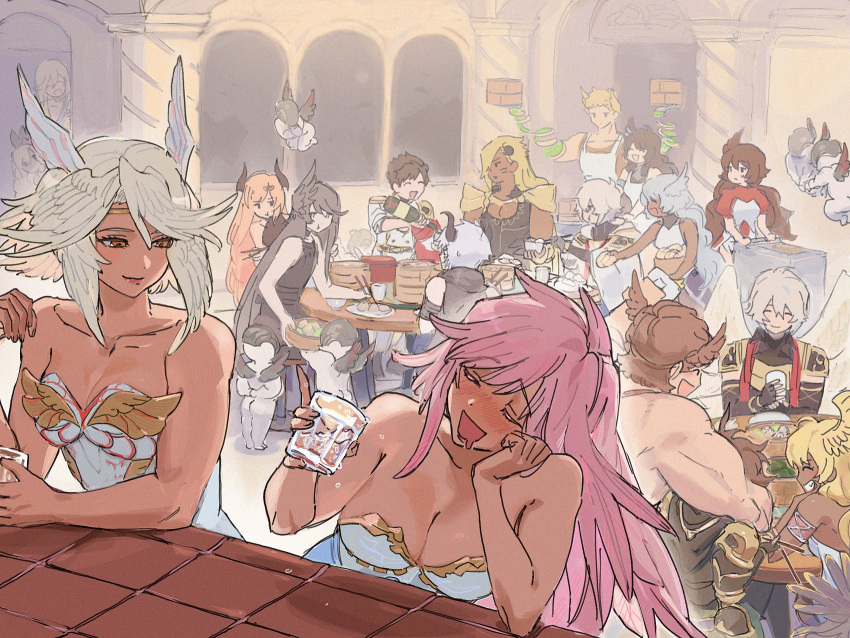 6+boys 6+girls :d absurdly_long_hair alcohol alternate_costume angel architecture armor azazel_(shingeki_no_bahamut) azrael_(granblue_fantasy) beelzebub_(granblue_fantasy) belial_(granblue_fantasy) black_hair black_ribbon blonde_hair blue_eyes blush breasts brick brown_hair cherub chewing cleavage cleavage_cutout closed_eyes clothing_cutout cup dark-skinned_female dark-skinned_male dark_angel_olivia dark_skin dress drooling drunk dumpling elbows_on_table english_commentary everyone fallen_angel feathered_wings feathers food full-face_blush furrowed_brow gabriel_(granblue_fantasy) granblue_fantasy greco-roman_architecture grey_hair grin hair_between_eyes hair_over_one_eye halluel_(granblue_fantasy) hand_around_neck head_wings helel_ben_sahar_(granblue_fantasy) helel_ben_shalem hiding highres holding holding_cup horns israfel_(granblue_fantasy) large_breasts light_frown light_smile long_hair looking_at_another looking_down low_twintails lucifer_(shingeki_no_bahamut) lucilius_(granblue_fantasy) malluel_(granblue_fantasy) medium_breasts medium_hair messy_hair michael_(granblue_fantasy) military_uniform mole mole_on_breast multiple_boys multiple_girls muscular muscular_male orange_eyes orange_hair peeking_out pink_hair pouring raphael_(granblue_fantasy) red_eyes ribbon robe sandalphon_(granblue_fantasy) sariel_(granblue_fantasy) shingeki_no_bahamut shirt short_hair shoulder_armor sidelocks sitting sleeveless sleeveless_shirt smile spiked_hair standing sweatdrop table tan twintails unamused uniform uriel_(granblue_fantasy) very_long_hair wahoosandalphon wavy_hair white_dress white_hair wine wings