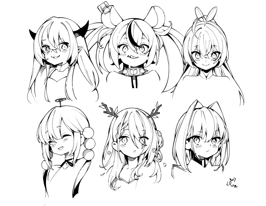 6+girls :d absurdres ahoge animal_ears antlers blush branch ceres_fauna ceres_fauna_(1st_costume) closed_eyes collar crossed_bangs demon_horns detached_collar double-parted_bangs fang feather_hair_ornament feathers hair_between_eyes hair_intakes hair_ornament hakos_baelz hakos_baelz_(1st_costume) halterneck highres holocouncil hololive hololive_english horns irys_(hololive) irys_(irys_2.0)_(hololive) limiter_(tsukumo_sana) lineart long_hair looking_at_viewer mouse_ears mousetrap mpmrpjb multicolored_hair multiple_girls nanashi_mumei nanashi_mumei_(1st_costume) open_mouth ouro_kronii ouro_kronii_(1st_costume) planet_hair_ornament portrait sharp_teeth short_hair smile smug spiked_collar spikes streaked_hair teeth tsukumo_sana tsukumo_sana_(1st_costume) twintails very_long_hair virtual_youtuber