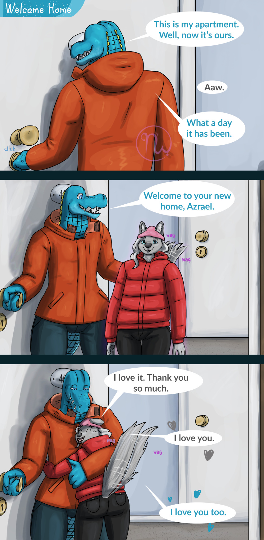 &lt;3 2024 3_panel_comic 4_fingers 5_fingers absurd_res age_difference alligatorid anthro artist_logo azrael_(tertia) azurlligator baseboard black_lips black_nose black_pawpads blue_body blue_bottomwear blue_clothing blue_eyes blue_pants blue_scales bottomwear bulging_neck butt button_(fastener) canid canine canis carpet claws click clothing coat comic crocodilian dialogue digital_media_(artwork) door doorknob doorway duo embrace eyebrows_through_hat fangs fingers floor fluffy fluffy_tail grey_claws hair hallway hand_on_back hat headgear headwear hi_res hood_down hooded_coat hooded_jacket hug inner_ear_fluff inside interspecies larger_male lips logo long_hair long_tail male male/male mammal motion_lines name_in_dialogue nathile_tiduna number older_male open_door open_mouth orange_clothing orange_coat orange_topwear pants pawpads pink_clothing pink_hat pink_headwear pink_tongue pink_toque pockets pupils rear_view red_clothing red_coat red_topwear reptile romantic romantic_couple scales scalie scar scutes size_difference skywater slit_pupils smaller_male smile smiling_at_another smiling_at_partner speech_bubble standing tail tail_motion tailwag teeth text thick_bottom_lip thick_thighs tongue topwear toque tuft unlocking velcro wall_(structure) wavy_hair white_door white_hair white_inner_ear_fluff wide_hips winter_clothing winter_coat wolf yellow_scutes younger_male