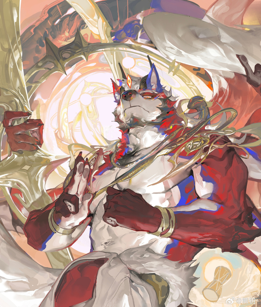 1boy abs animal animal_ears bara beard chest_tuft clxiongyue commission extra_arms facial_hair feet_out_of_frame fox_boy fox_ears fox_tail from_below full_beard furry furry_male head_tilt highres holding holding_sword holding_weapon kuji-in large_pectorals looking_at_viewer magic male_focus mature_male mismatched_animal_ear_colors multicolored_fur multiple_tails muscular muscular_male no_nipples original pants pectorals scar short_hair snake solo surreal sword tail thick_eyebrows third_eye topless_male weapon