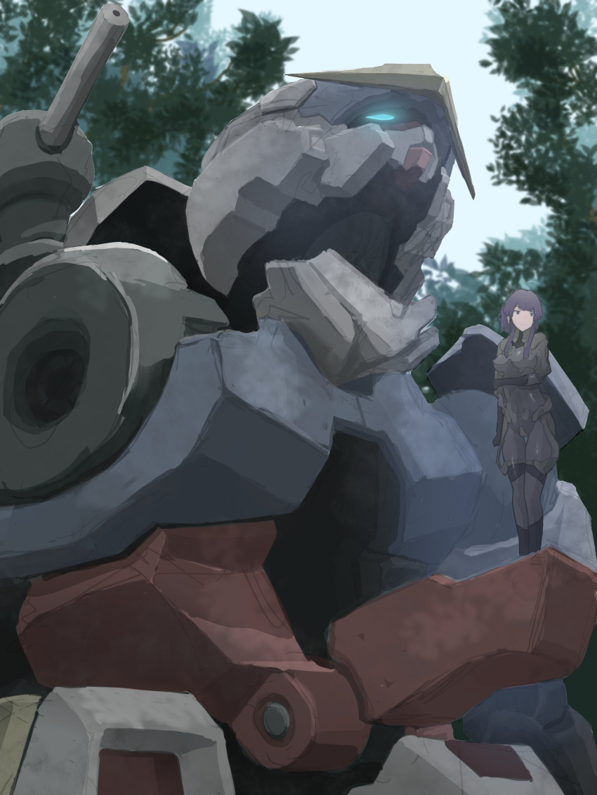 1girl absurdres aqua_eyes forest full_body glowing glowing_eyes gundam highres holding_own_arm mecha mecha_kaku_man mobile_suit nature open_cockpit original pilot_suit purple_hair redesign robot science_fiction shoulder_cannon sidelocks solo standing tree v-fin