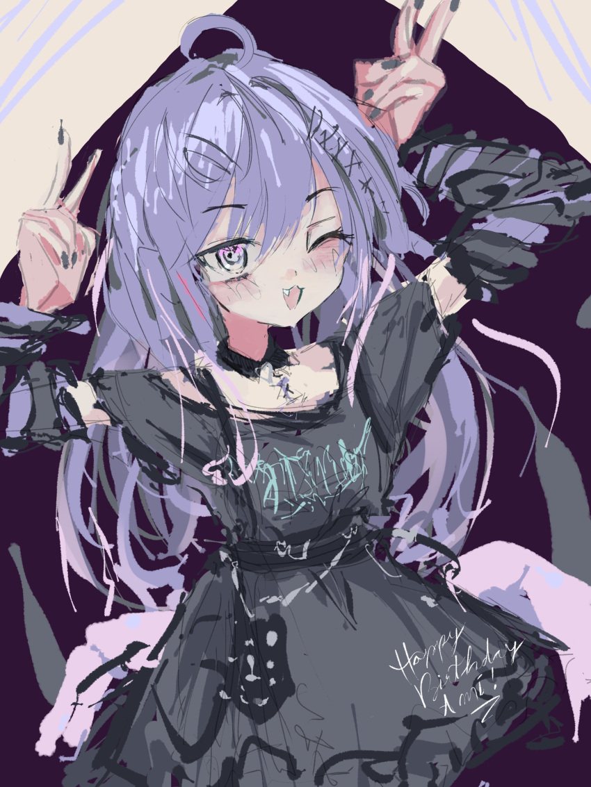 1girl 89_(oni_1000) :3 absurdres amiya_aranha amiya_aranha_(2nd_costume) arthropod_limbs black_dress blush detached_sleeves double_v dress english_commentary extra_legs fang grey_nails happy_birthday highres indie_virtual_youtuber long_hair looking_up official_alternate_costume one_eye_closed open_mouth purple_eyes sketch solo striped_sleeves v very_long_hair virtual_youtuber