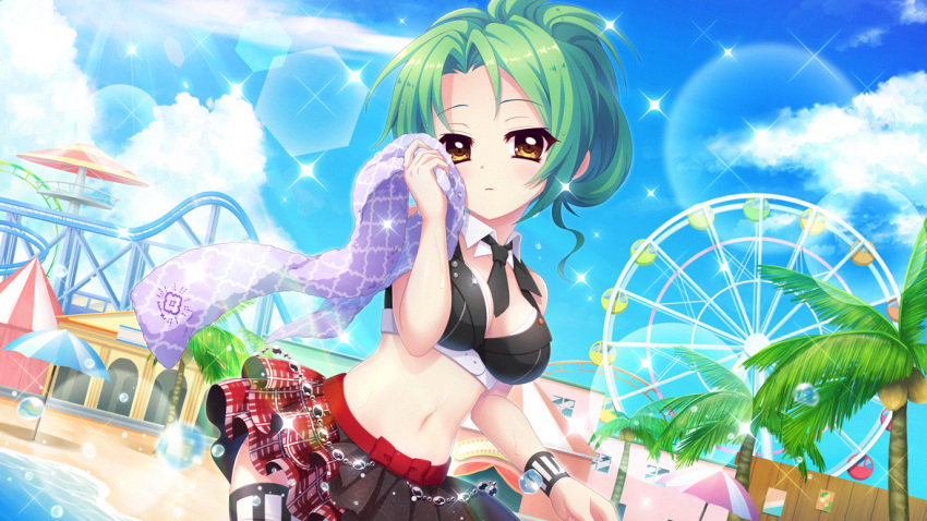 1girl beach beach_umbrella bikini black_bikini black_necktie black_skirt black_thighhighs black_wristband blue_sky breasts building cleavage cloud coconut_tree cowboy_shot day detached_collar dot_nose dutch_angle ferris_wheel film_grain game_cg green_hair hair_up hand_towel izumi_tsubasu lens_flare looking_at_viewer medium_breasts navel necktie non-circular_lens_flare non-web_source official_art outdoors palm_tree parted_lips plaid plaid_skirt purple_towel re:stage! roller_coaster shirokita_kuroha short_hair skirt sky solo sparkle sunlight swimsuit thighhighs tree two-tone_thighhighs two-tone_wristband umbrella water_drop white_thighhighs white_wristband wiping_face yellow_eyes