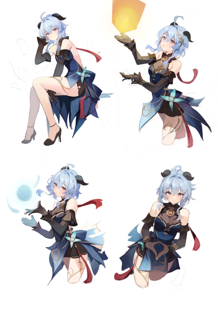 1girl absurdres ahoge bare_legs bare_shoulders bell black_dress black_gloves blue_dress blue_hair breasts detached_sleeves dress ganyu_(genshin_impact) ganyu_(twilight_blossom)_(genshin_impact) genshin_impact gloves goat_horns gradient_dress hair_between_eyes highres horns looking_at_viewer lumo_1121 neck_bell official_alternate_costume official_alternate_hairstyle sideless_dress sidelocks smile solo