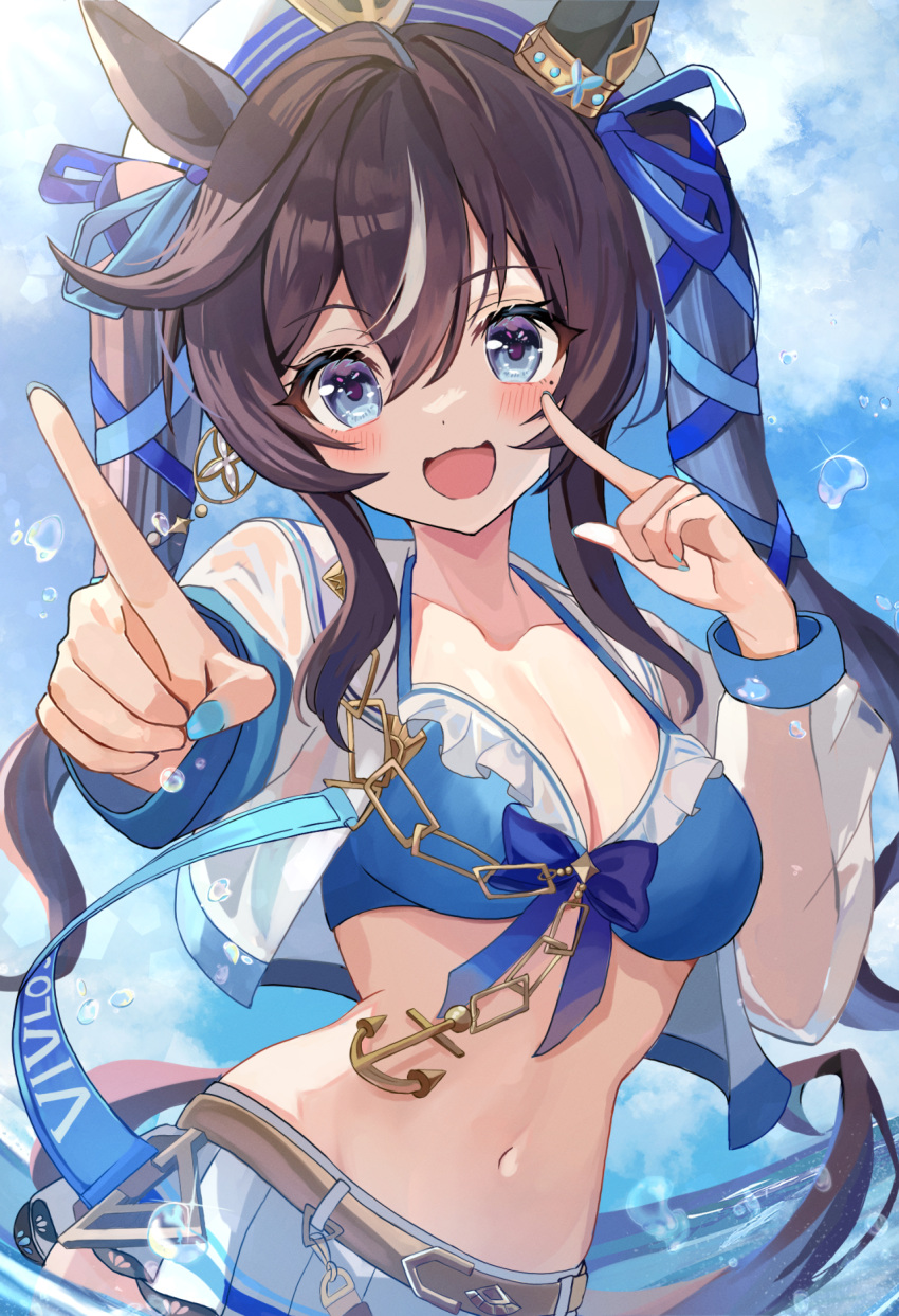 1girl anchor_necklace animal_ears bikini blue_bikini blue_eyes blue_sky blush breasts brown_hair character_name commentary_request cropped_jacket ear_covers hair_between_eyes highres hiyoko_neneko horse_ears horse_girl horse_tail jacket jewelry long_hair looking_at_viewer medium_breasts midriff multicolored_hair navel necklace ocean outdoors see-through see-through_jacket shorts single_ear_cover sky solo streaked_hair swimsuit tail twintails umamusume very_long_hair vivlos_(umamusume) water wet white_hair white_headwear white_shorts