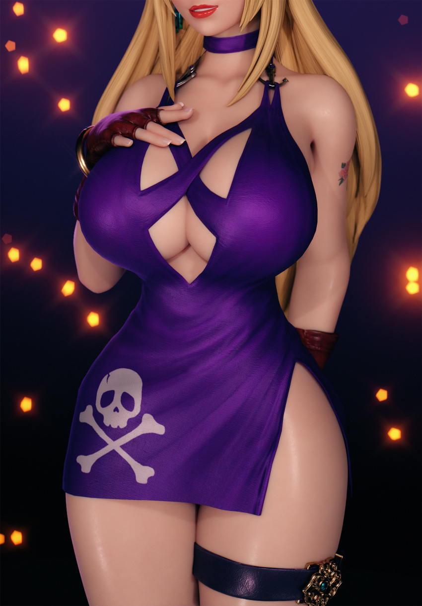 1girl 3d arm_behind_back blonde_hair bouquetman breasts curvy dress fatal_fury fingerless_gloves garou:_mark_of_the_wolves gloves hand_on_own_chest highres jenet_behrn long_hair red_lips smile snk the_king_of_fighters the_king_of_fighters_xv thighs