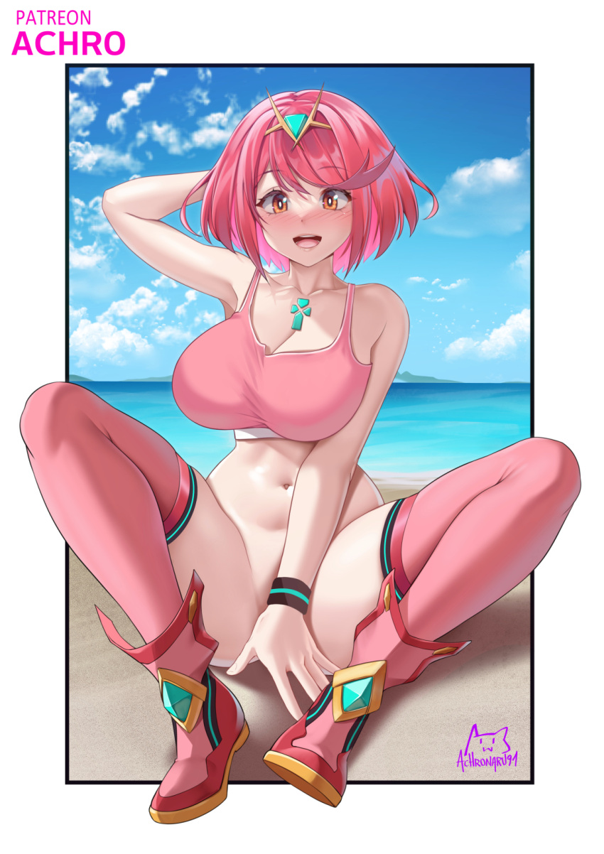 1girl achromaru beach blush bottomless breasts chest_jewel covering_crotch covering_privates earrings headpiece highres jewelry large_breasts looking_at_viewer nude_cover ocean pyra_(xenoblade) red_eyes red_hair short_hair sitting solo swept_bangs tank_top thighhighs tiara xenoblade_chronicles_(series) xenoblade_chronicles_2