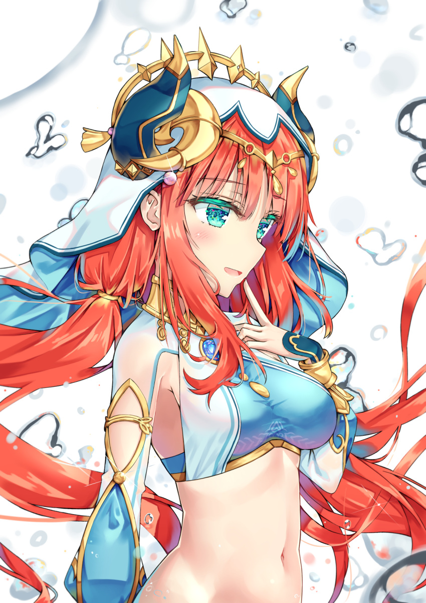 1girl arm_cutout blue_eyes blush bubble fake_horns finger_to_mouth genshin_impact hair_behind_ear halterneck highres horns long_hair low_ponytail midriff natie navel nilou_(genshin_impact) open_mouth red_hair shrug_(clothing) smile solo upper_body very_long_hair white_veil
