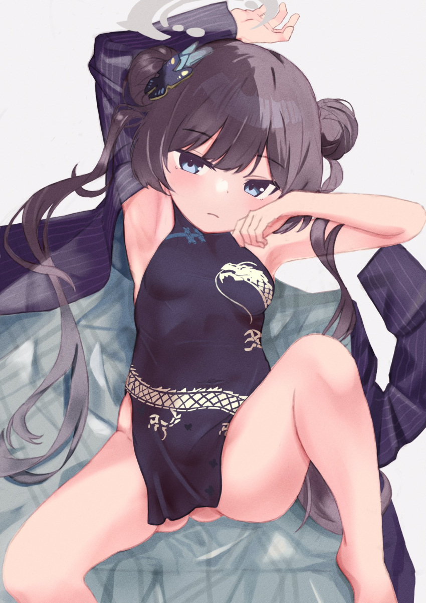 1girl arm_up bare_shoulders black_dress black_gloves black_hair blue_archive blush braid braided_bun breasts butterfly_hair_ornament chikoku china_dress chinese_clothes coat double_bun dragon_print dress gloves grey_coat grey_eyes hair_bun hair_ornament half_gloves halo highres kisaki_(blue_archive) long_hair long_sleeves looking_at_viewer pelvic_curtain pinstripe_pattern short_dress side_slit small_breasts solo spread_legs striped_coat thighs twintails vertical-striped_coat