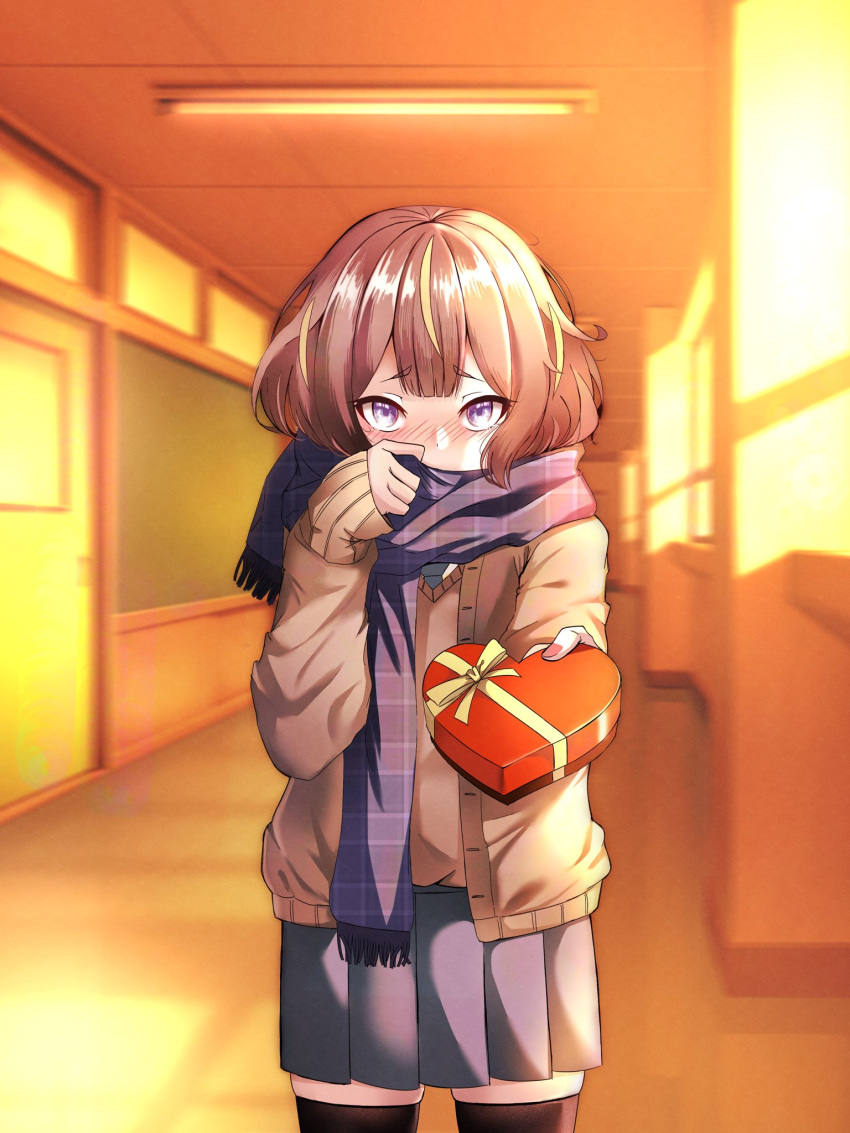 1girl alternate_costume anya_melfissa black_thighhighs blue_scarf blue_skirt blunt_bangs blush box brown_hair covering_own_mouth furrowed_brow hallway heart-shaped_box highres hololive hololive_indonesia jacket long_sleeves looking_at_viewer multicolored_hair nose_blush open_clothes open_jacket pleated_skirt pov purple_eyes raikkonen scarf school_uniform short_hair skindentation skirt streaked_hair thighhighs unmoving_pattern virtual_youtuber window_shadow zettai_ryouiki