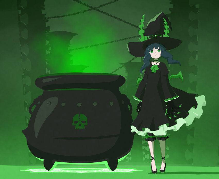 1girl 32zzz alternate_costume black_claws black_dress black_hair black_headwear black_rock_shooter cauldron dead_master demon_horns dress eyewear_on_headwear glasses green-framed_eyewear green_eyes green_horns green_wings hat highres horns long_sleeves solo wings witch witch_hat