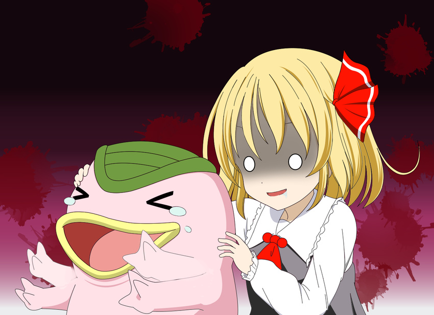 &gt;_&lt; blonde_hair closed_eyes creature drooling hair_ribbon mocchi_(monster_farm) monster_farm o_o reimei_(r758120518) ribbon rumia shaded_face shirt tears touhou vest