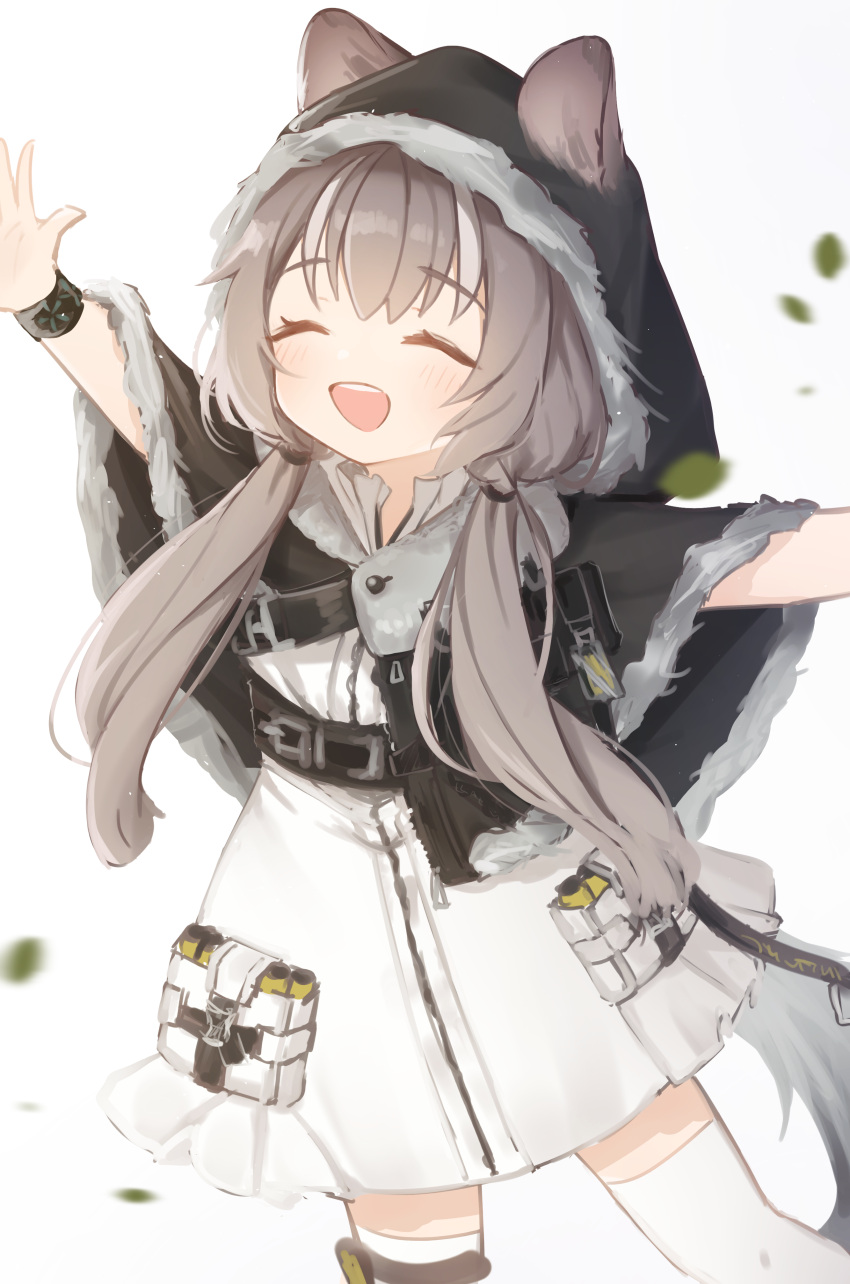 1girl absurdres animal_ears arknights black_capelet blush brown_hair capelet chinese_commentary closed_eyes commentary dress ears_through_headwear fur-trimmed_capelet fur-trimmed_hood fur_trim happy highres honeyberry_(arknights) hood hood_up hooded_capelet infection_monitor_(arknights) long_hair low_twintails mang open_mouth outstretched_arms round_teeth simple_background solo spread_arms squirrel_ears squirrel_girl teeth thighhighs twintails upper_teeth_only white_background white_dress white_thighhighs