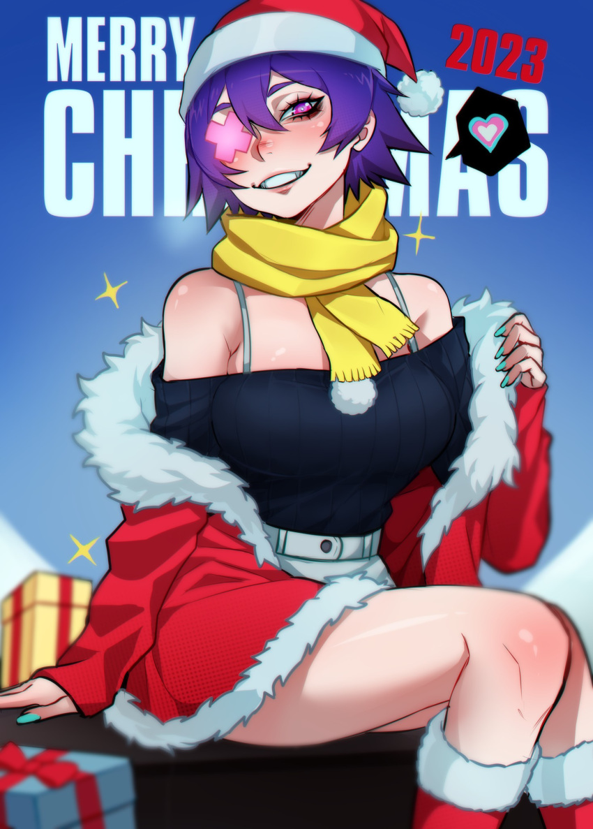 1girl 2023 bare_shoulders black_crowser blush breasts eyepatch fur-trimmed_jacket fur_trim gift hat highres jacket medium_breasts merry_christmas off_shoulder original pink_eyes purple_hair red_headwear red_jacket santa_hat smile solo teeth