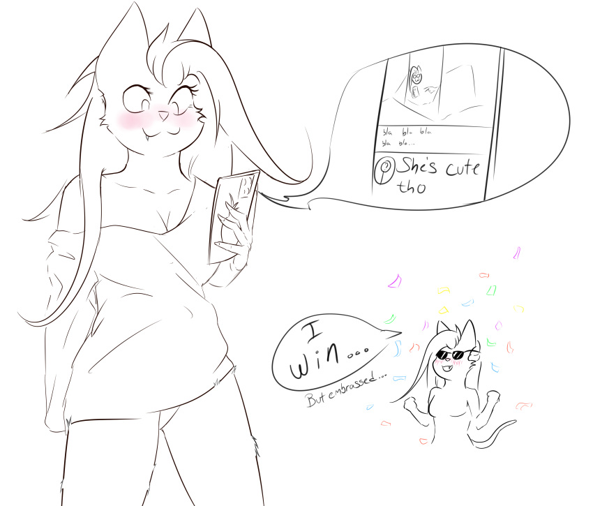 absurd_res anthro baggy_clothing blush breasts chibi clothed clothing confetti domestic_cat electronics embarrassed felid feline felis female fur hi_res mammal naikithecat panties phone sketch solo underwear