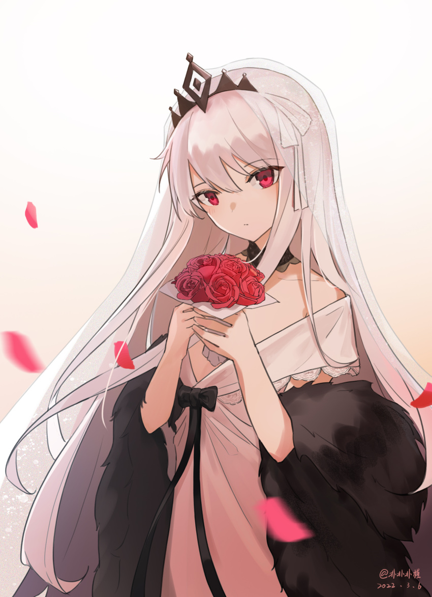 1girl absurdres artist_name bare_shoulders black_bow black_collar bouquet bow bridal_veil closed_mouth collar crown_hair_ornament dated detached_collar dress falling_petals flower girls'_frontline highres holding holding_bouquet kar98k_(girls'_frontline) kar98k_(purity_in_vermilion)_(girls'_frontline) long_hair looking_at_viewer off_shoulder official_alternate_costume petals red_eyes red_flower sakatakin solo tiara upper_body veil very_long_hair wedding_dress white_hair