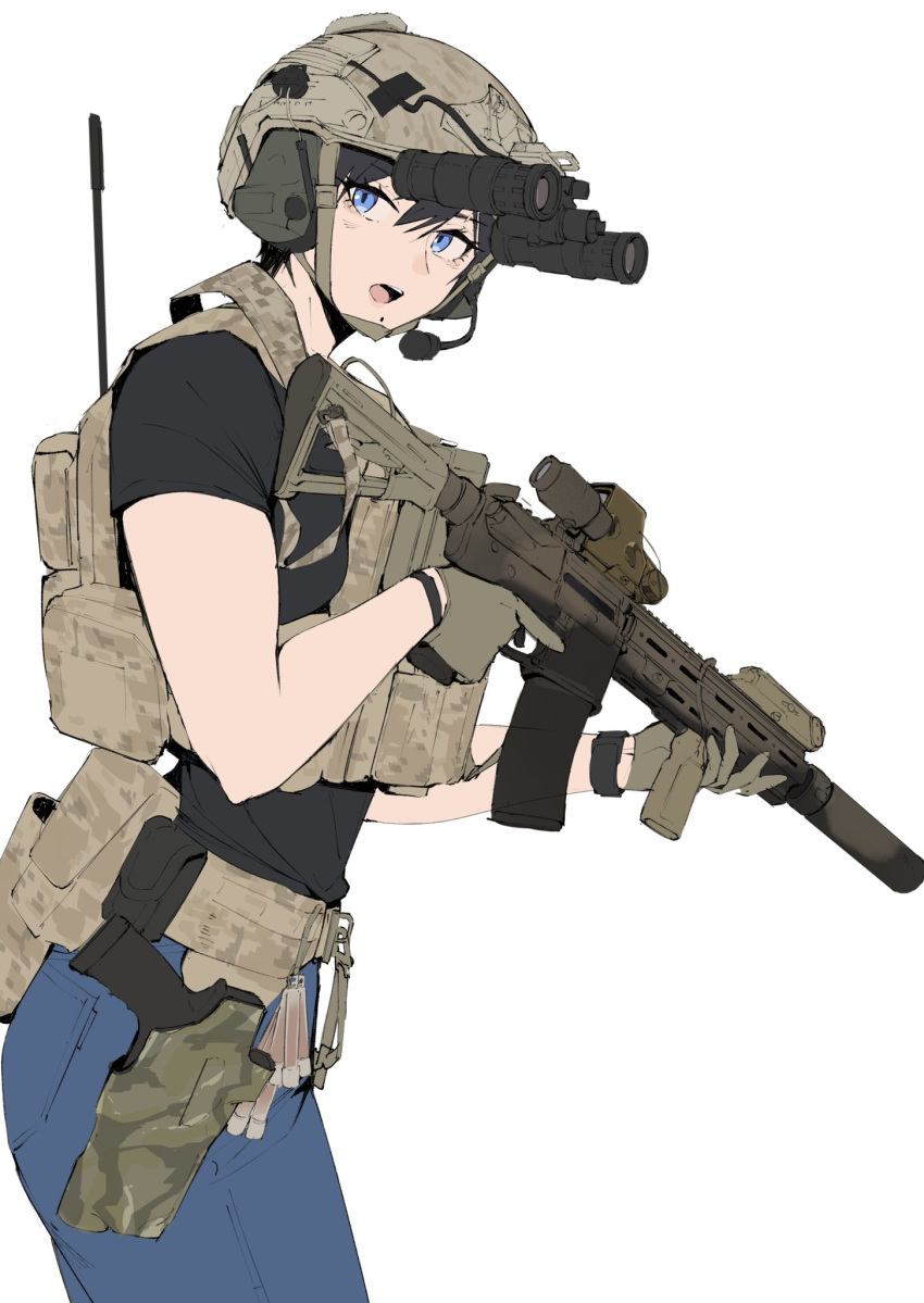 1girl assault_rifle black_hair black_shirt blue_eyes blue_pants brown_headwear camouflage cowboy_shot desert_camouflage digital_camouflage ear_protection glowstick gun handgun helmet highres holding holding_gun holding_weapon holstered load_bearing_vest looking_at_viewer m4_carbine military mole mole_under_mouth night_vision_device open_mouth original pants pen_guin15 pouch rifle shirt short_hair short_sleeves simple_background solo tactical_clothes trigger_discipline weapon white_background