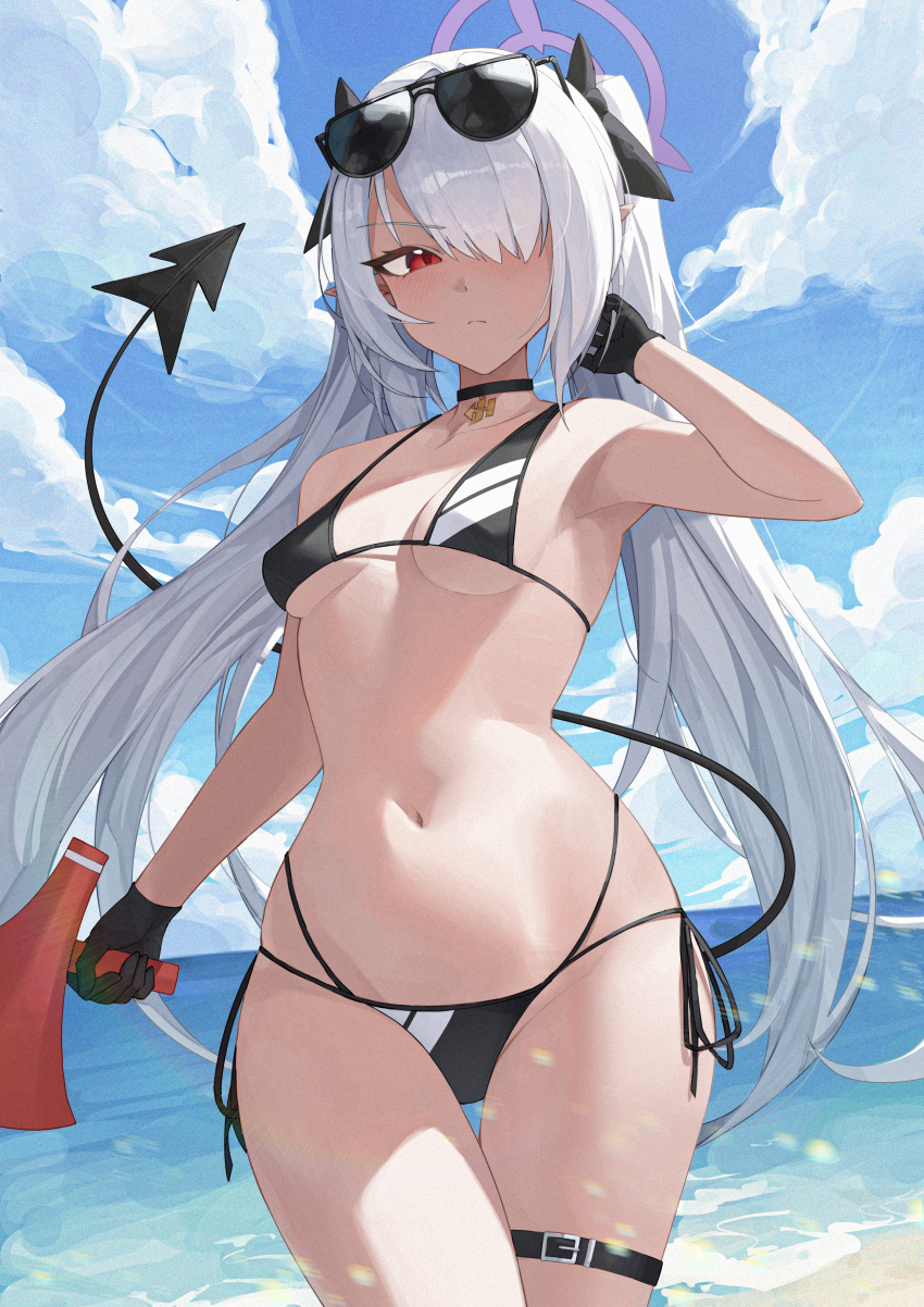 1girl absurdres beach belt bikini black_bikini black_choker black_gold_saw black_tail blue_archive blue_sky breasts choker cloud cloudy_sky commentary cowboy_shot dark-skinned_female dark_skin day demon_tail eyewear_on_head facing_viewer grey_hair hair_over_one_eye halo hand_up highres holding holding_megaphone iori_(blue_archive) iori_(swimsuit)_(blue_archive) long_hair looking_ahead megaphone multi-strapped_bikini_bottom navel ocean official_alternate_costume one_eye_covered outdoors pointy_ears purple_halo red_eyes side-tie_bikini_bottom sky small_breasts solo standing stomach string_bikini sunglasses swimsuit tail thigh_belt thigh_strap twintails weimiaw