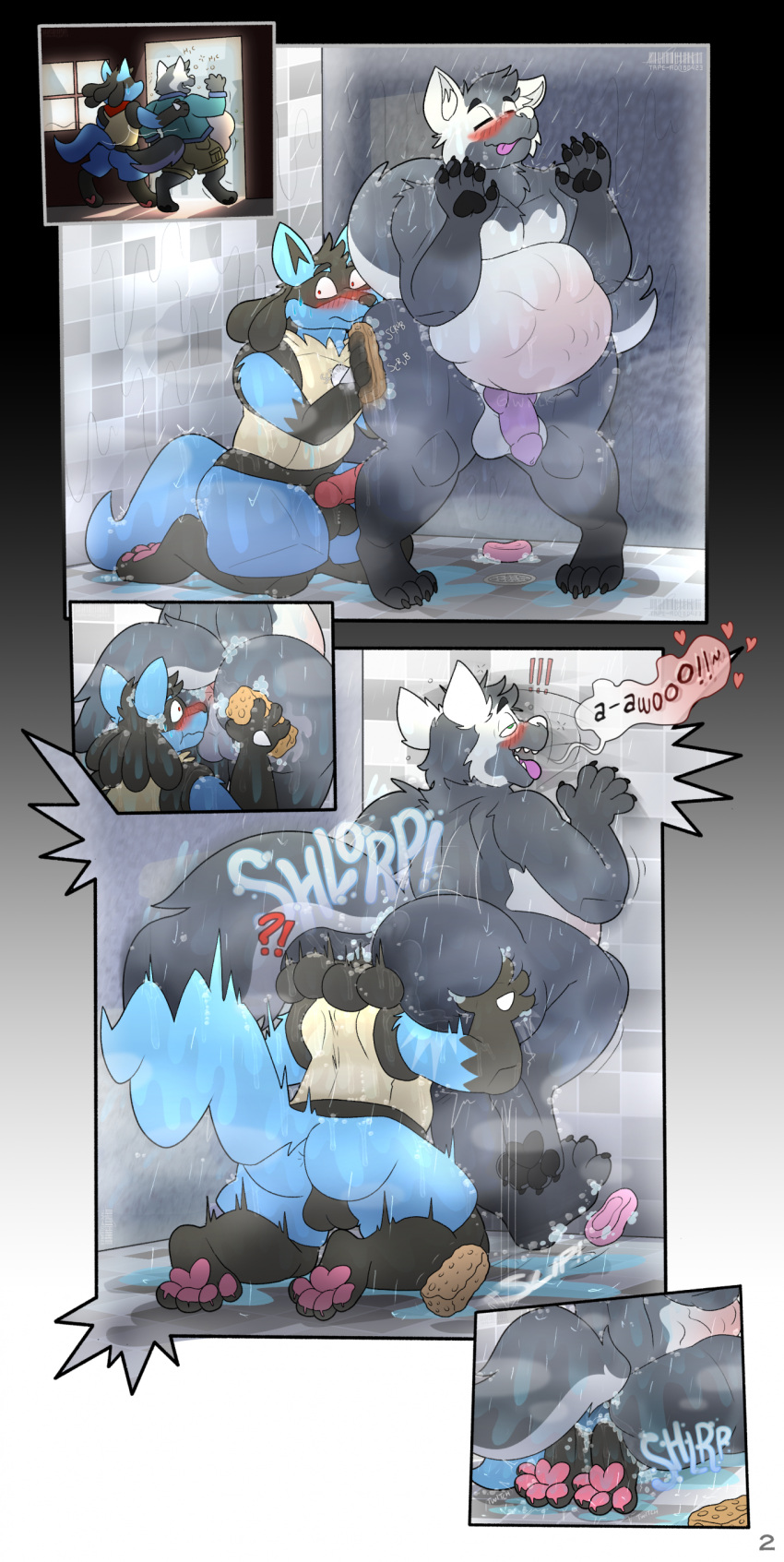 absurd_res anal anal_vore anthro balls belly big_belly big_butt blush bow_(bowhuskers) butt canid canine canis comic detailed_background duo generation_4_pokemon genitals hi_res holding_butt knot lucario male mammal nintendo noises pokemon pokemon_(species) shower sponge trpcafterdark vore wolf