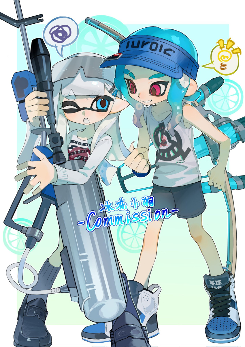 1boy 1girl :o aqua_hair black_footwear black_shorts blue_background blue_eyes blue_footwear blue_hair blue_headwear blunt_bangs blush border bow_(weapon) colored_tongue commentary commission corrupted_twitter_file e-liter_4k_(splatoon) english_commentary eyebrow_cut eyewear_on_head fang gradient_background gradient_hair green_background grey_socks grin gun hair_behind_ear hair_ornament hairclip hat high_tops highres holding holding_gun holding_weapon inkling inkling_girl light_bulb loafers long_hair long_sleeves looking_at_another medium_hair multicolored_hair octoling octoling_boy one_eye_closed open_mouth outside_border p-pepper pointy_ears print_shirt red_eyes shirt shoelaces shoes short_eyebrows short_shorts shorts simple_background smile sneakers socks speech_bubble splatoon_(series) spoken_light_bulb spoken_squiggle squiggle standing suction_cups tank_top tentacle_hair thick_eyebrows tri-stringer_(splatoon) visor_cap weapon white_border white_footwear white_hair white_shirt white_tank_top white_tongue