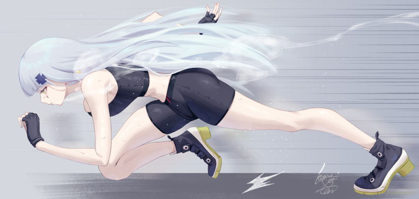 1girl bare_arms bare_legs bare_shoulders bike_shorts black_footwear black_gloves black_sports_bra blunt_bangs bouncing_breasts breasts commentary facial_mark fingerless_gloves from_side girls'_frontline gloves green_eyes grey_hair highres hk416_(girls'_frontline) large_breasts long_hair parted_lips profile running shoes sideboob signature solo speed_lines sports_bra very_long_hair weisskaeppchen