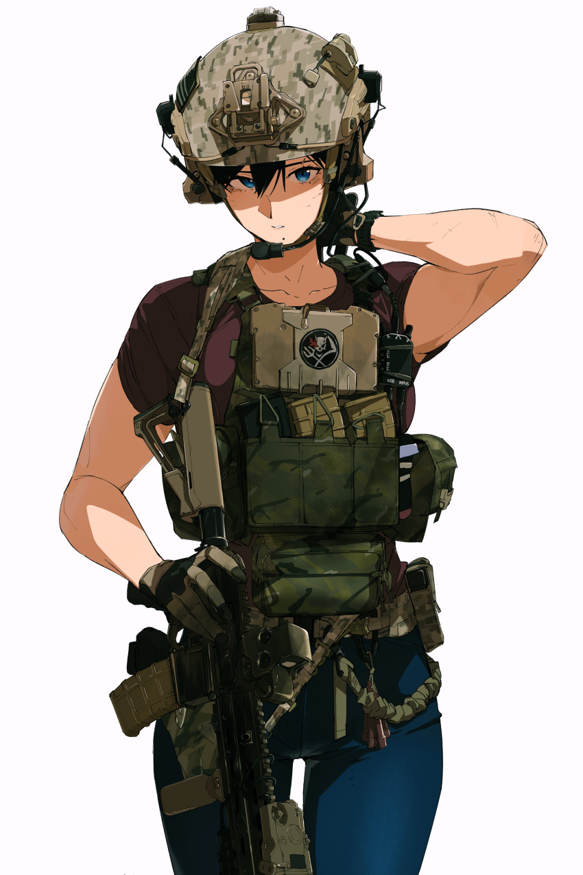 1girl absurdres ammunition_pouch arm_up assault_rifle black_hair blue_eyes blue_pants brown_shirt camouflage camouflage_headwear cowboy_shot desert_camouflage digital_camouflage ear_protection gloves gun gun_sling hair_between_eyes hand_on_own_neck helmet highres load_bearing_vest looking_at_viewer m4_carbine magazine_(weapon) mole mole_under_mouth original pants parted_lips pen_guin15 pouch rifle shirt short_hair short_sleeves simple_background solo tactical_clothes watch weapon white_background wristwatch