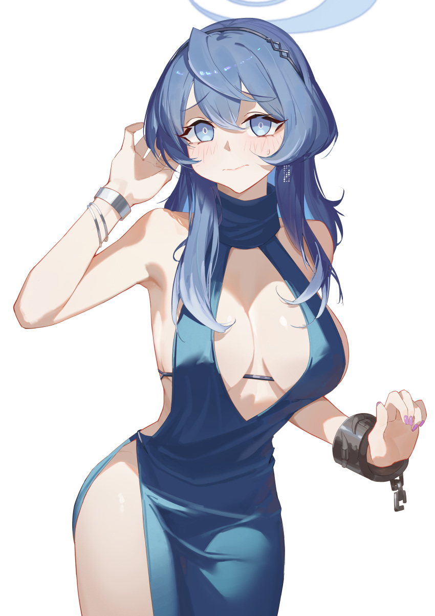 1girl absurdres ako_(blue_archive) ako_(dress)_(blue_archive) armpits blue_archive blue_dress blue_eyes blue_hair blush bracelet breasts breasts_apart cuffs dress halo highres jewelry large_breasts looking_at_viewer official_alternate_costume plunging_neckline serelith shackles sideless_dress simple_background solo white_background