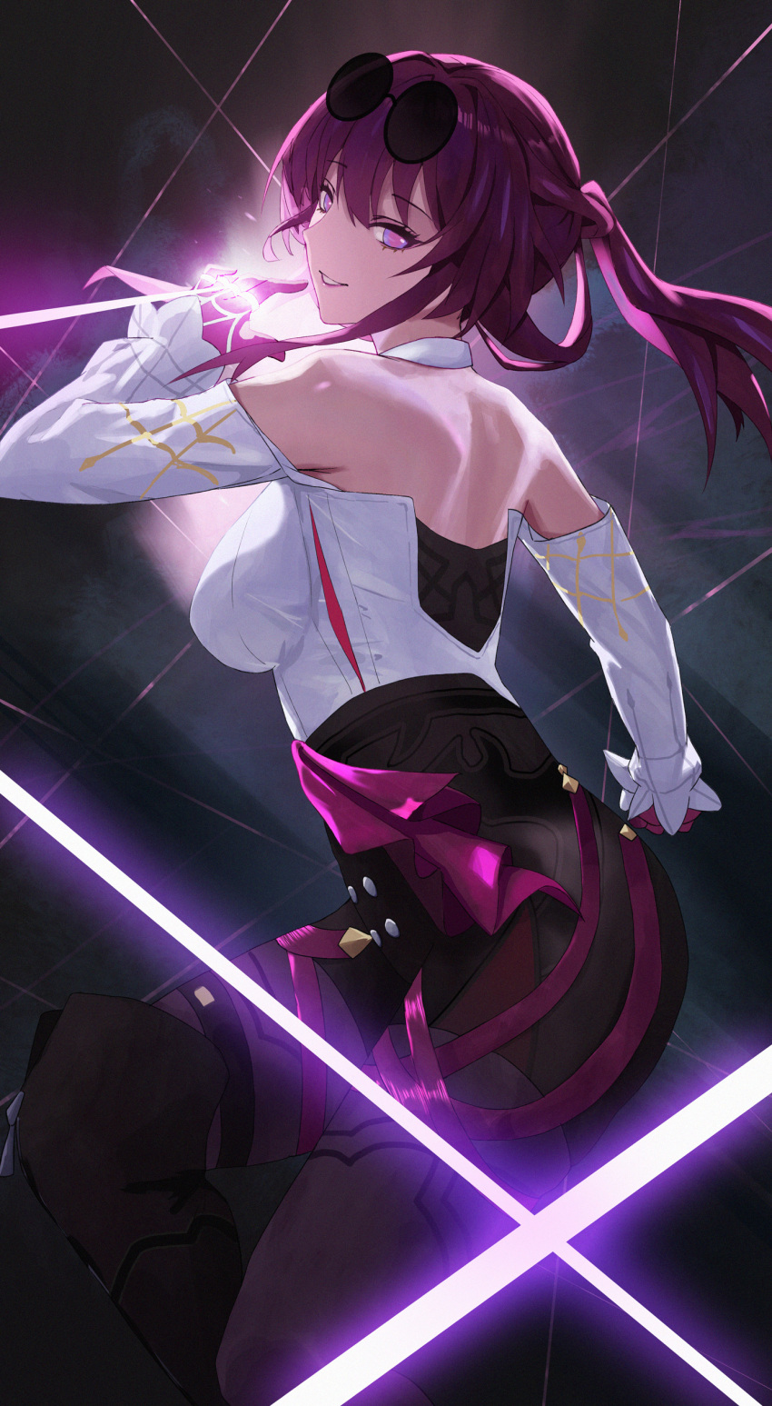 1girl absurdres back boots breasts clisapex eyewear_on_head gloves high-waist_shorts highres honkai:_star_rail honkai_(series) kafka_(honkai:_star_rail) large_breasts looking_back pantyhose pantyhose_under_shorts pince-nez purple-tinted_eyewear purple_eyes purple_gloves purple_hair purple_pantyhose round_eyewear shorts single_thigh_boot solo spider_web_print sunglasses thigh_boots tinted_eyewear