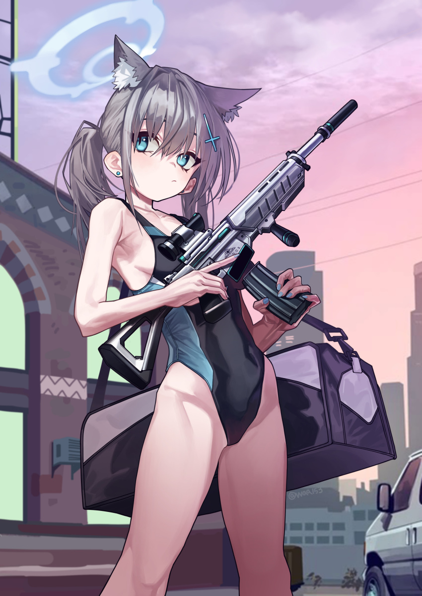 1girl absurdres animal_ears artist_name bag black_bag black_one-piece_swimsuit blue_archive blue_eyes blue_halo blue_nails breasts bright_pupils closed_mouth cross cross_hair_ornament duffel_bag ear_piercing extra_ears extra_pupils grand_theft_auto grand_theft_auto_v grey_hair gun hair_ornament halo highres holding holding_gun holding_weapon latin_cross medium_hair mismatched_pupils nail_polish official_alternate_costume one-piece_swimsuit piercing shiroko_(blue_archive) shiroko_(swimsuit)_(blue_archive) small_breasts solo swimsuit twintails waa153 weapon white_pupils wolf_ears wolf_girl