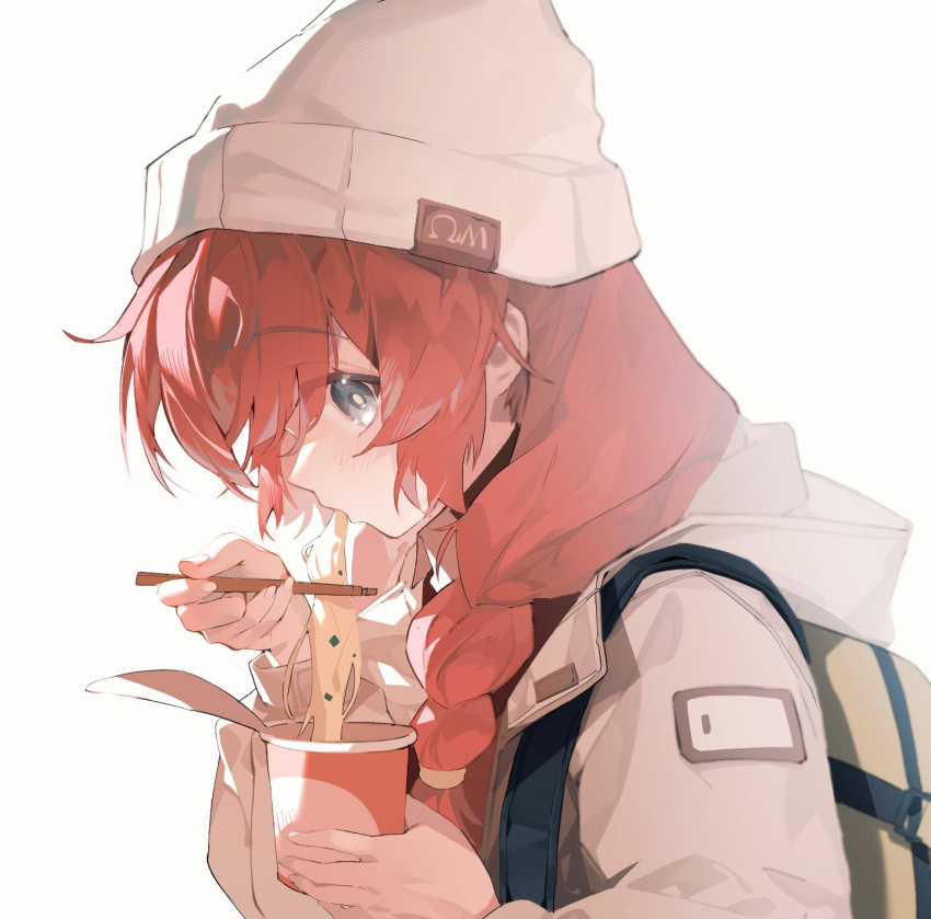 1girl b_zhan_cm_yang backpack bag beanie blue_archive blue_eyes braid coat commentary_request cup eating food hat highres holding holding_cup long_hair long_sleeves looking_at_viewer maki_(blue_archive) maki_(camp)_(blue_archive) noodles official_alternate_costume red_hair simple_background solo upper_body white_background white_coat