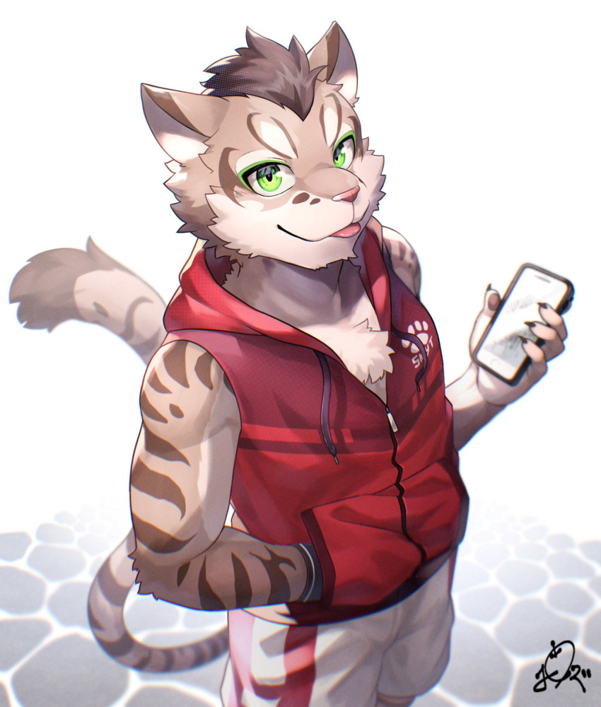 2023 anthro cellphone deity electronics felid feline fur green_eyes hair hi_res holding_cellphone holding_object holding_phone holding_smartphone leopard_cat looking_at_viewer male mammal multicolored_body multicolored_fur nekojishi phone ponzu_tas prionailurus shu-chi smartphone solo striped_body striped_fur stripes studio_klondike tail tongue tongue_out
