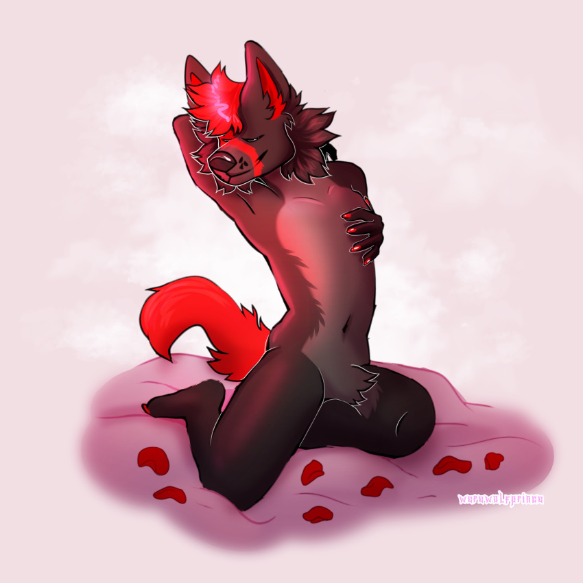 absurd_res anthro canid canine canis digital_media_(artwork) fur fury_(furythewolf) furythewolf grey_body grey_fur hi_res male mammal nude red_body red_fur simple_background smile solo tail werewolfprince666 wolf