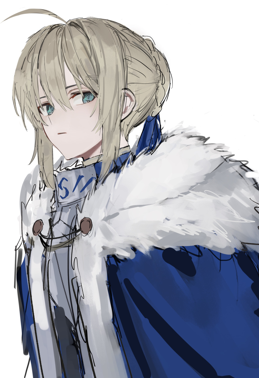 1girl absurdres ahoge armor artoria_pendragon_(fate) black_eyeliner blonde_hair blue_cape blue_eyes braid braided_bun cape expressionless eyelashes eyeliner fate/stay_night fate_(series) fur_collar fur_trim green_eyes hair_between_eyes hair_bun hair_ribbon highres long_hair looking_at_viewer makeup ribbon saber_(fate) saber_alter shiro_(siro_kuten) short_hair sidelocks simple_background single_hair_bun solo white_background