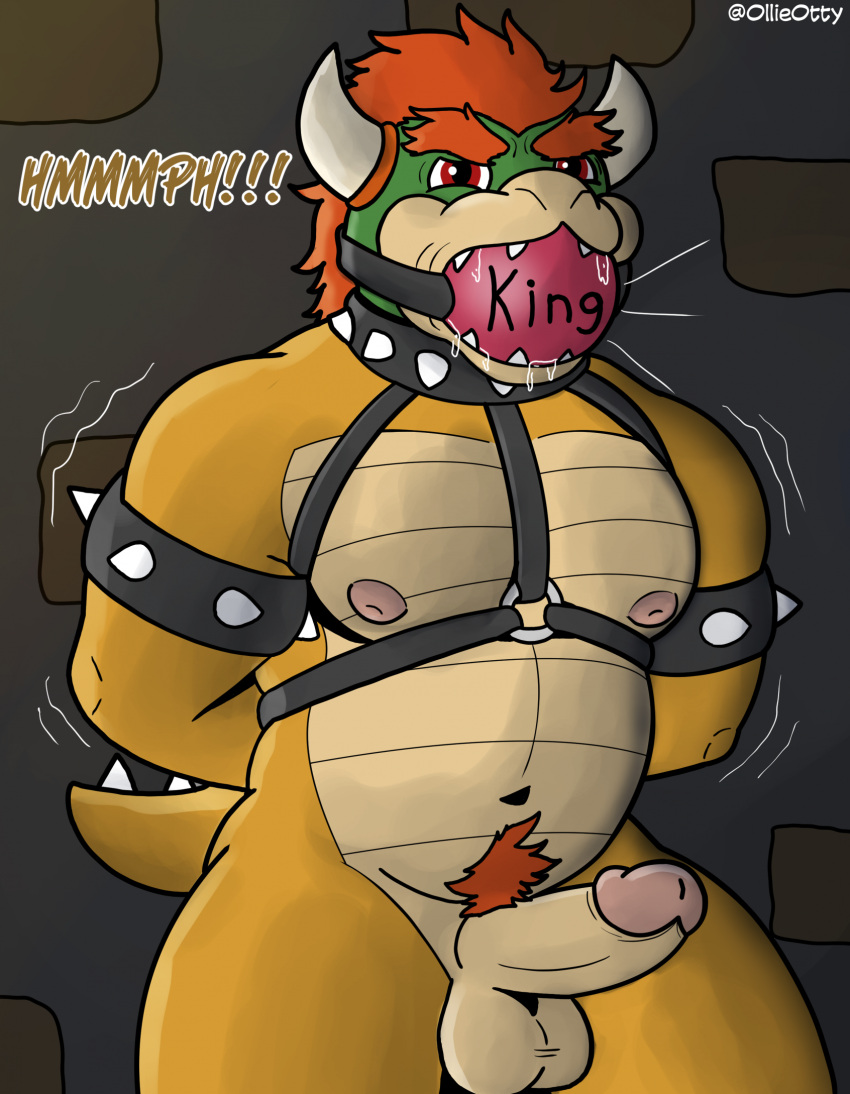 angry anthro ball_gag balls barazoku bdsm bodily_fluids bondage bound bowser cuff_(restraint) drooling erection gag gagged genitals hair harness hi_res leather leather_cuffs leather_harness male mario_bros musclegut muscular nintendo nipples ollieotty pecs penis pubes questionable_consent red_eyes red_hair restraints saliva scalie solo struggling