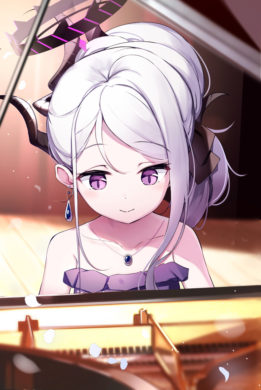 1girl black_horns blue_archive blush chosunbe closed_mouth demon_horns dress earrings grand_piano grey_hair halo highres hina_(blue_archive) hina_(dress)_(blue_archive) horns instrument jewelry long_hair multiple_horns music necklace official_alternate_costume piano playing_instrument playing_piano purple_dress purple_eyes smile solo strapless strapless_dress
