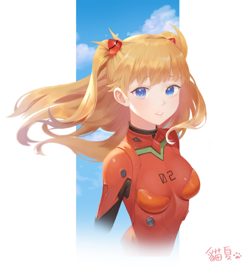 1girl absurdres blue_eyes blue_sky bodysuit breasts cloud cropped_arms cropped_torso floating_hair frost_002 hairpods highres interface_headset long_hair looking_at_viewer medium_breasts neon_genesis_evangelion orange_hair parted_lips pilot_suit plugsuit red_bodysuit skin_tight sky solo souryuu_asuka_langley teeth two_side_up