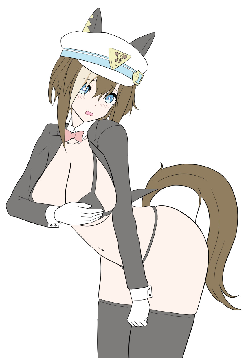 absurdres alternate_costume animal_ears blue_eyes blush breasts cheval_grand_(umamusume) cleavage covering_breasts covering_privates dewanewbie gloves hair_between_eyes hat highres horse_ears horse_girl horse_tail large_breasts looking_at_viewer meme_attire navel open_mouth reverse_bunnysuit reverse_outfit tail thighhighs umamusume white_background