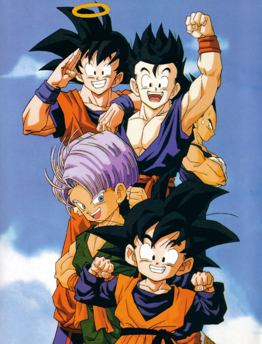 5boys black_hair blue_eyes blue_sky brothers cloud cloudy_sky dragon_ball dragon_ball_z father_and_son happy highres messy_hair multiple_boys muscular muscular_male official_art open_mouth salute siblings sky son_gohan son_goku son_goten spiked_hair trunks_(dragon_ball) vegeta